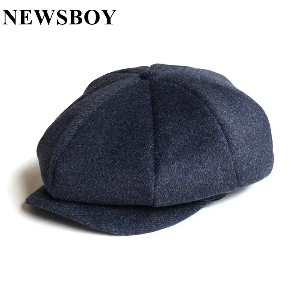 NEWSBOY Cap Man Autumn Winter Wool Newsboy Cap Herringbone Gray Navy Octagonal Hats for Men Tweed Thick Warm Vintage Flat Caps