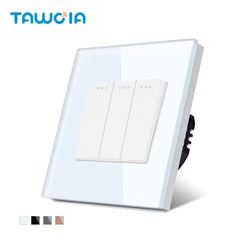 TAWOIA Push Button Switch EU Standard 3 Gang 1 Way Home Switch 4 colors With Crystal Glass frame Lamp Switch