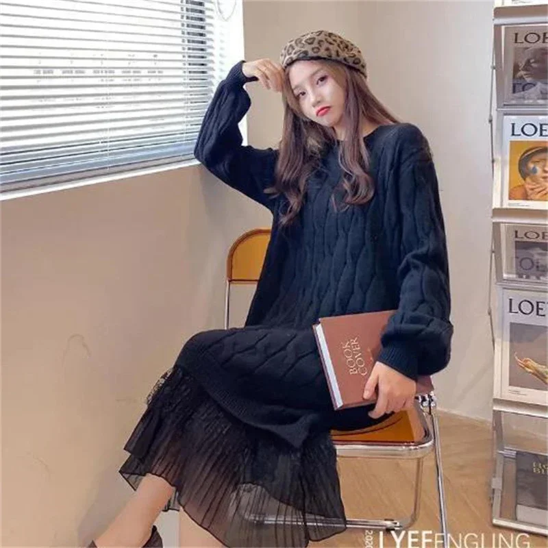 Thicken Women Lace Midi Knitted Dress Warm Korean Sweater Vestidos Long Sleeve Knitwears Dresses New Autumn Winter Robe F275