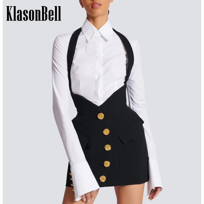 5.2 KlasonBell Vintage Elegant Collect Waist White Cotton Shirt Or Rose Flower Gold Button Halter Suspender Skirt Set Women