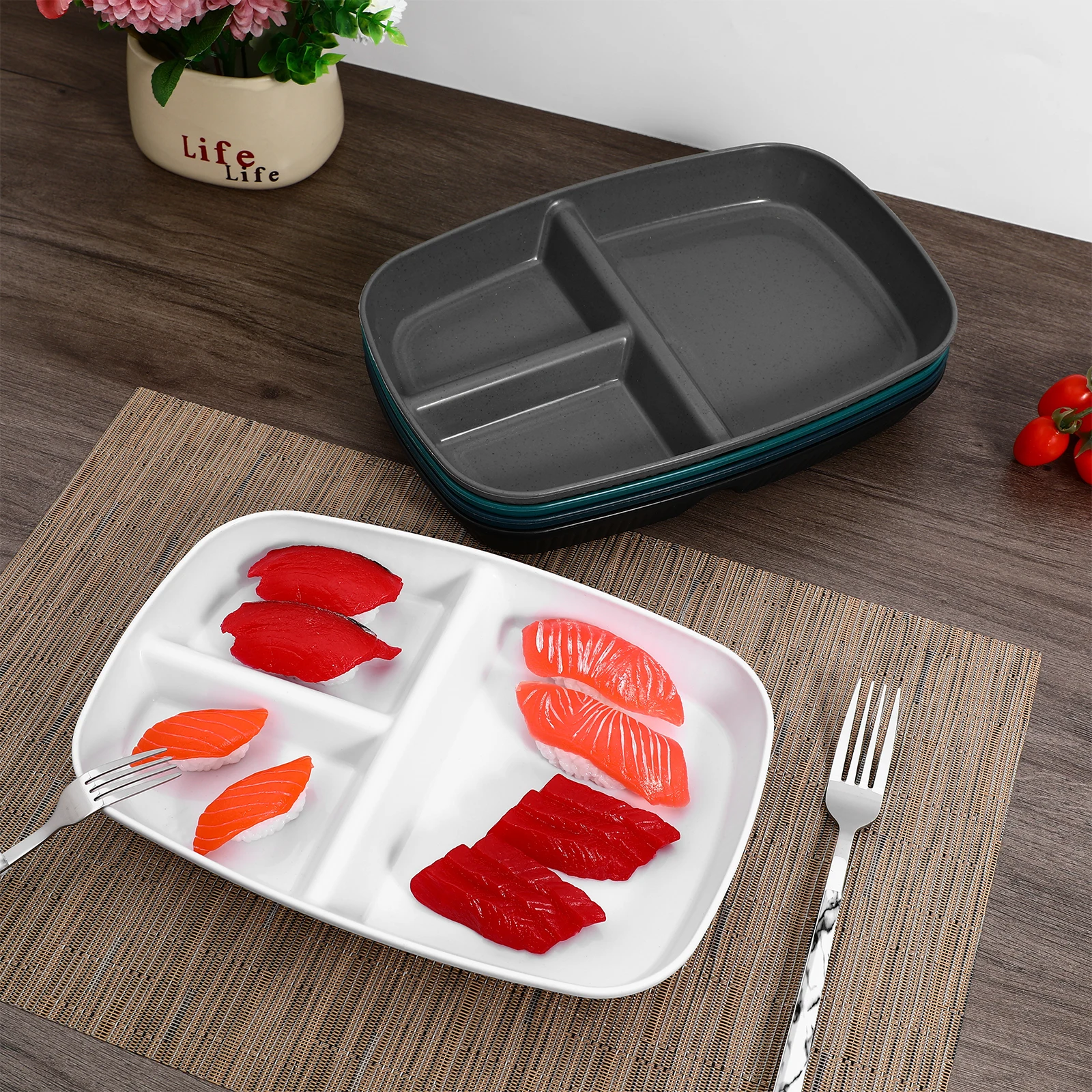 

5pcs Divided Food Plate Portion Control Reusable Stackable Healthy Eating Salad Plates Lunch Tray Sectioned Compartment Trays