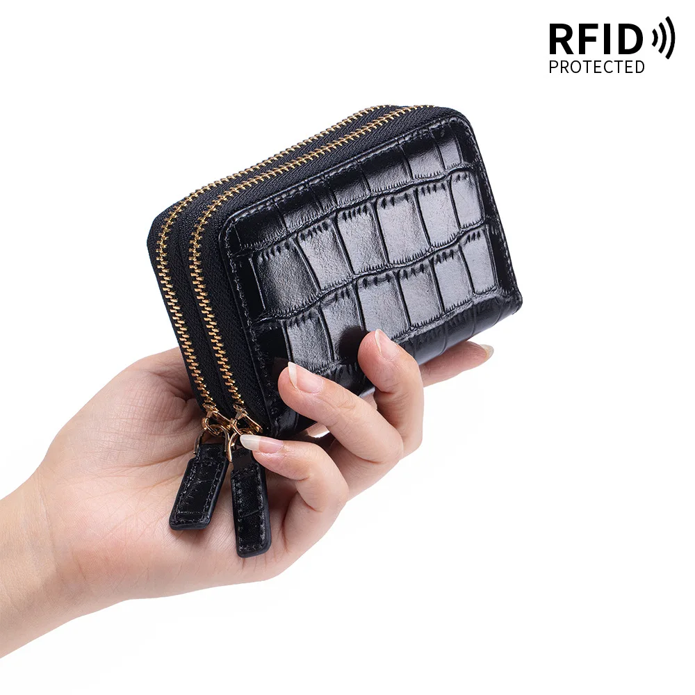 New Crocodile-patterned Double-layer Zipper Multi-card Coin Bag Woman Wallet Card Holder RFID Women's Portable ID Storage Bag