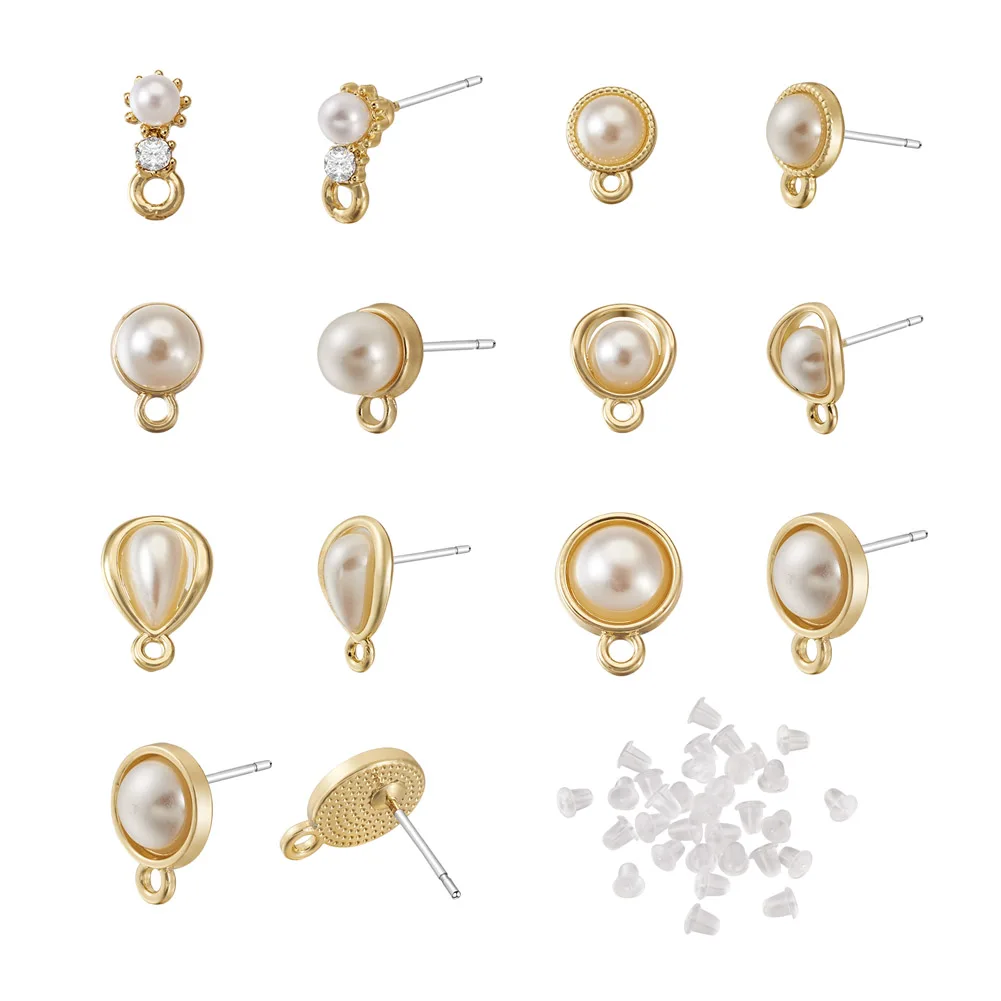 

Kissitty 24Pcs 6 Style Alloy Stud Earring Findings With Silver Color Pin ABS Plastic Pearl for Women Earrings Jewelry Finding