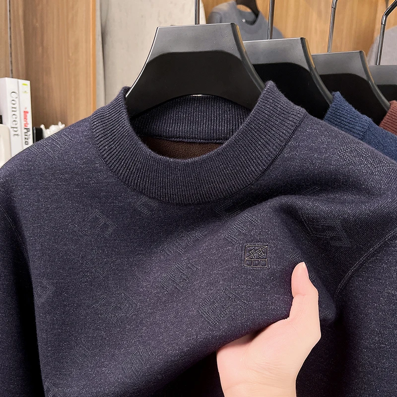 高級メンズ新秋長袖ニットプルオーバーラウンドネック刺繍保温高品質セーターレジャービジネストップス
