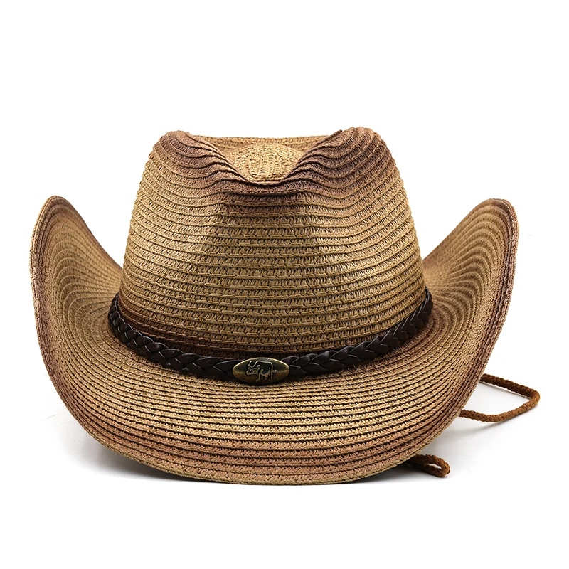 Simple Men cowboy Straw Hats Summer Women Jazz Hat With Belt Khaki Unisex Hollow Breathable Beach Vintage Male Ladies Fedora Hat