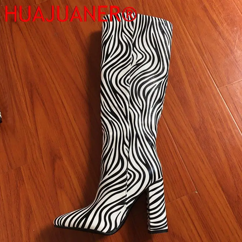 Womens Knee High Boots Pointed Toe Chunky Block Zebra Printing for Women Pointed Toe High Heels Shoes Ladies Thick Heel Botines