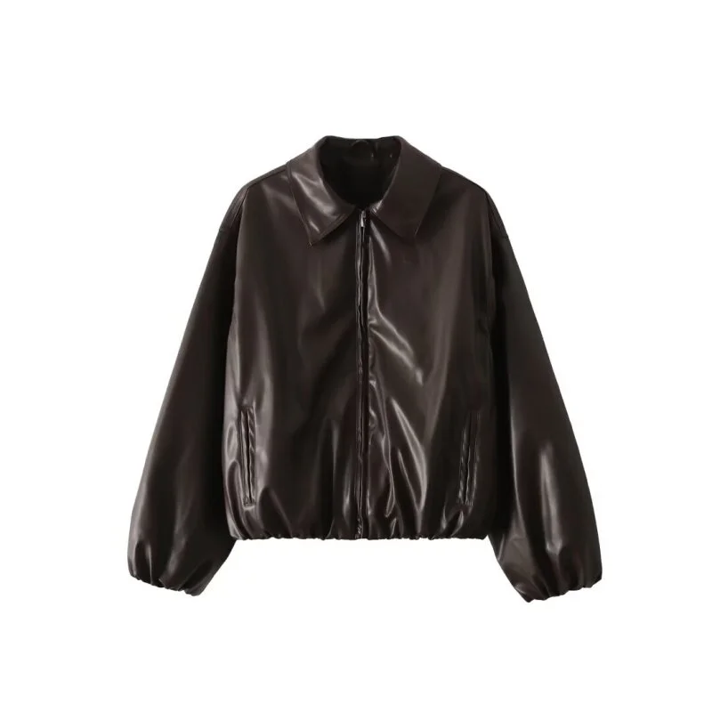 Kurtka damska ze sztucznej skóry w stylu motocyklowym, streetwear, retro, z długim rękawem, zapinana na zamek, prosta kurtka, odzież wierzchnia, na zimę.