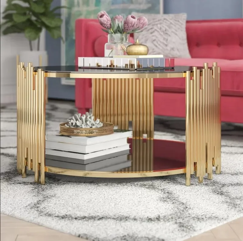 

z High Fashion Hotel Home Furniture Center Table Round Gold Sliver Stainless Steel Metal Frame Black Tempered Glass Coffee Tabl