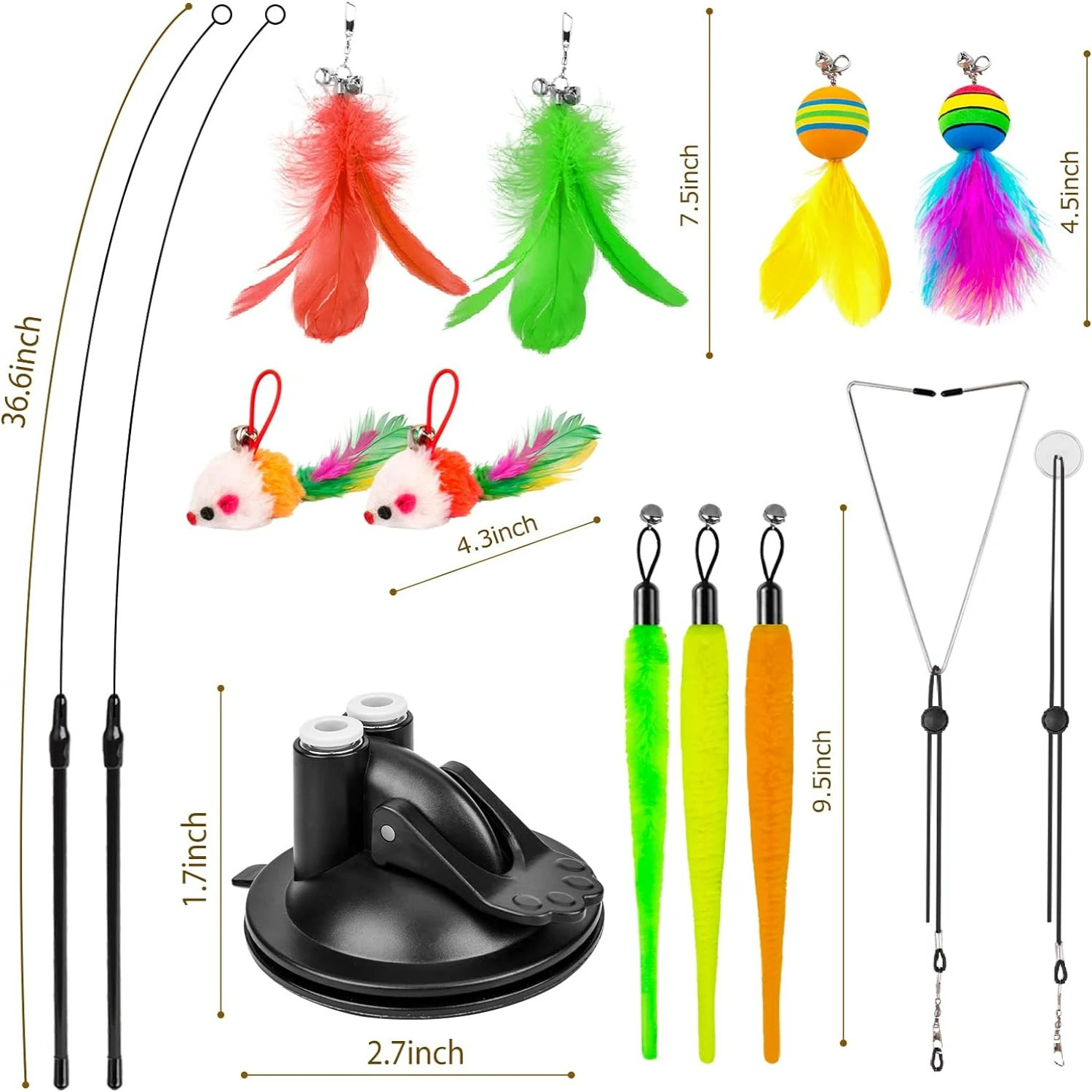 

Interactive Cat Toys - Set of 2 Cat Wands for Indoor Cats, Super Suction Cup Cat Wand Toy with 2 Slots and 9 Replacement Teasers