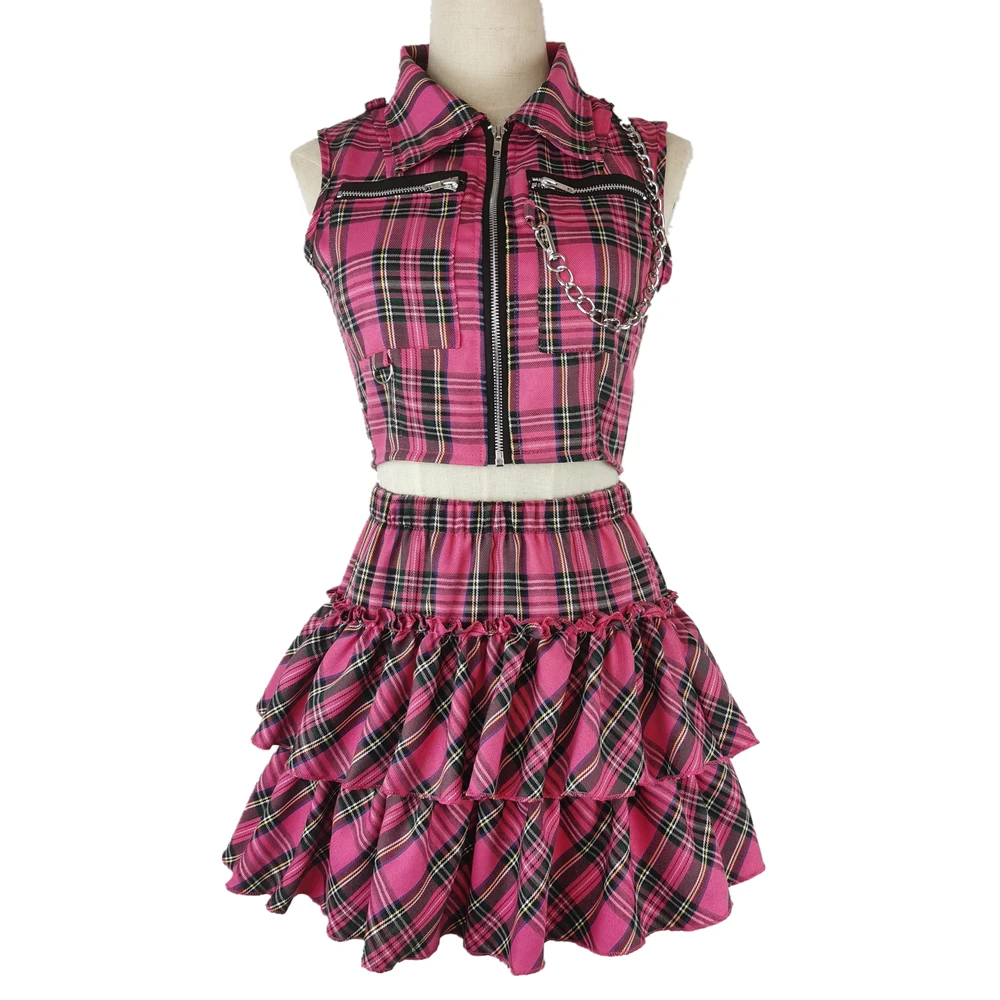 

Two Piece Set Sexy Hot Girl Punk Streetwear Slim Top & Party Ruffle Zipper Plaid Short Skirt Set Women Outfit 2025 Spring