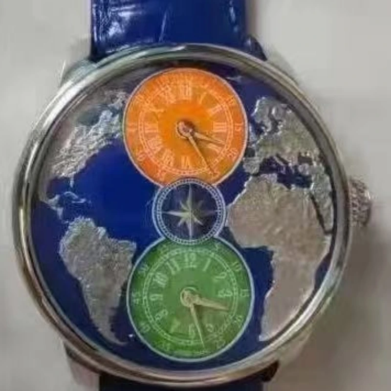 أحدث ساعة اليد الميكانيكية للرجال ذات المنطقة الزمنية المزدوجة، ساعة خريطة العالم، شحن مجاني مقاوم للماء