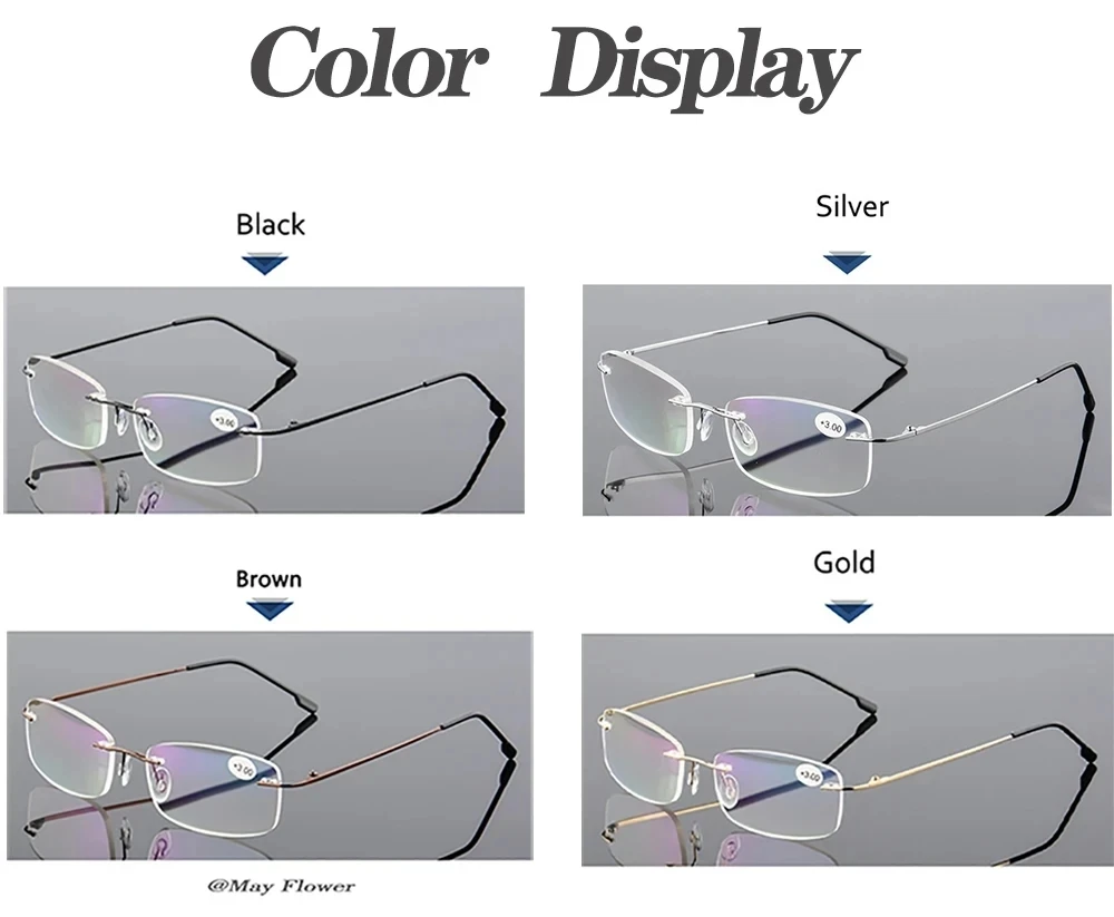 Blaulicht-blockierende Memory-Titan-Randlose Lesebrille für Herren und Damen, Presbyopie-Brillenrahmen + 1 + 1,5 + 2 + 2,5 + 3 – Detail 1