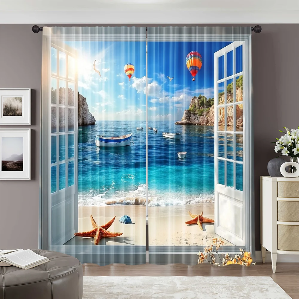 2pcs, 2D flat Window Treatment Curtains Fake window scenery Versatile Polyester Fabric,Without Electricity Holiday Decorations