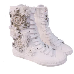 White Canvas Shoes New Water Diamond Beaded Pearls Flowers Fairy Personalized Versatile Tassel Strap High Top Women Sneakers