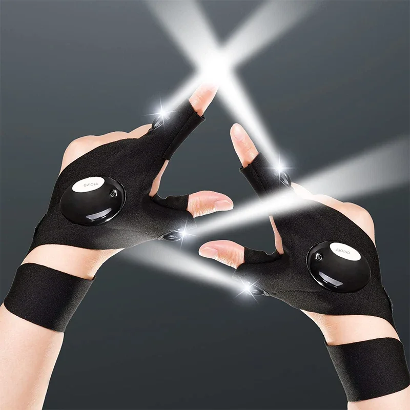 Outdoor Fishing Magic Strap Fingerless Gloves Night Light Waterproof Fishing Gloves with LED Flashlight Rescue Tools Gloves