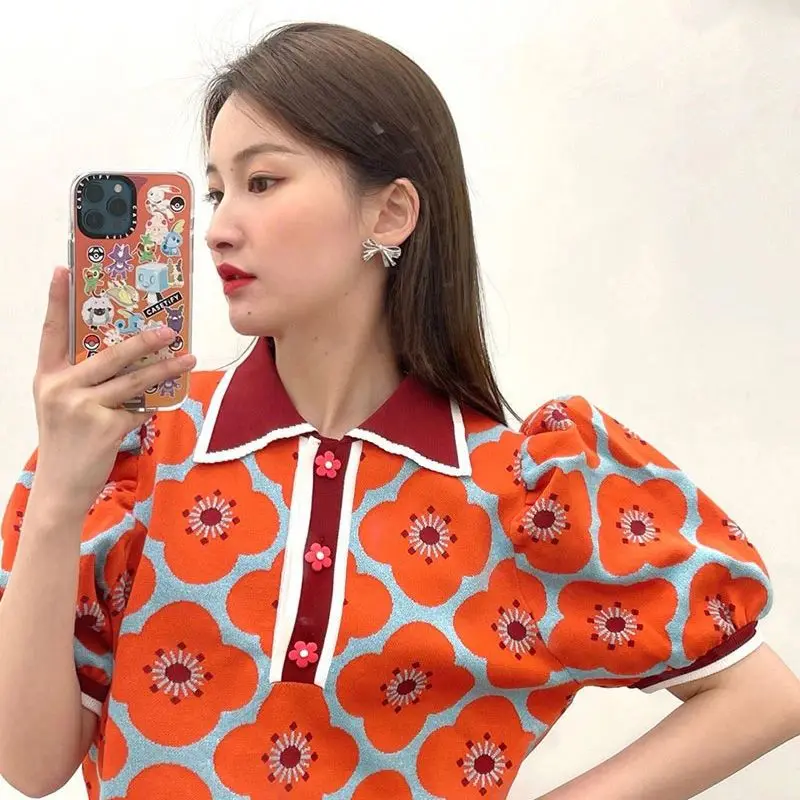 Design Sense Niche Polo Neck Knitted Short Sleeve 2024 Summer Fashion Knit Skirt Suits Women Short Sleeve Sweater Cropped Top