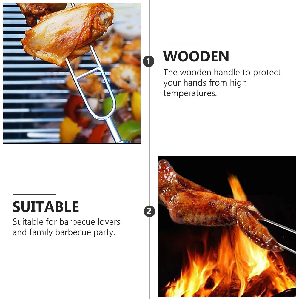 

5 Pcs Stainless Steel Chicken Wing Fork Grilling Accessories Bbq Tools Wood Handle Forks Barbecue