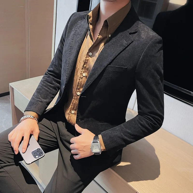 2023 Mode Mannen Corduroy Blazers Top Kwaliteit Business Casual Pak Jassen Slim Fit Wedding Bruidegom Streetwear Sociale Jurk Jas
