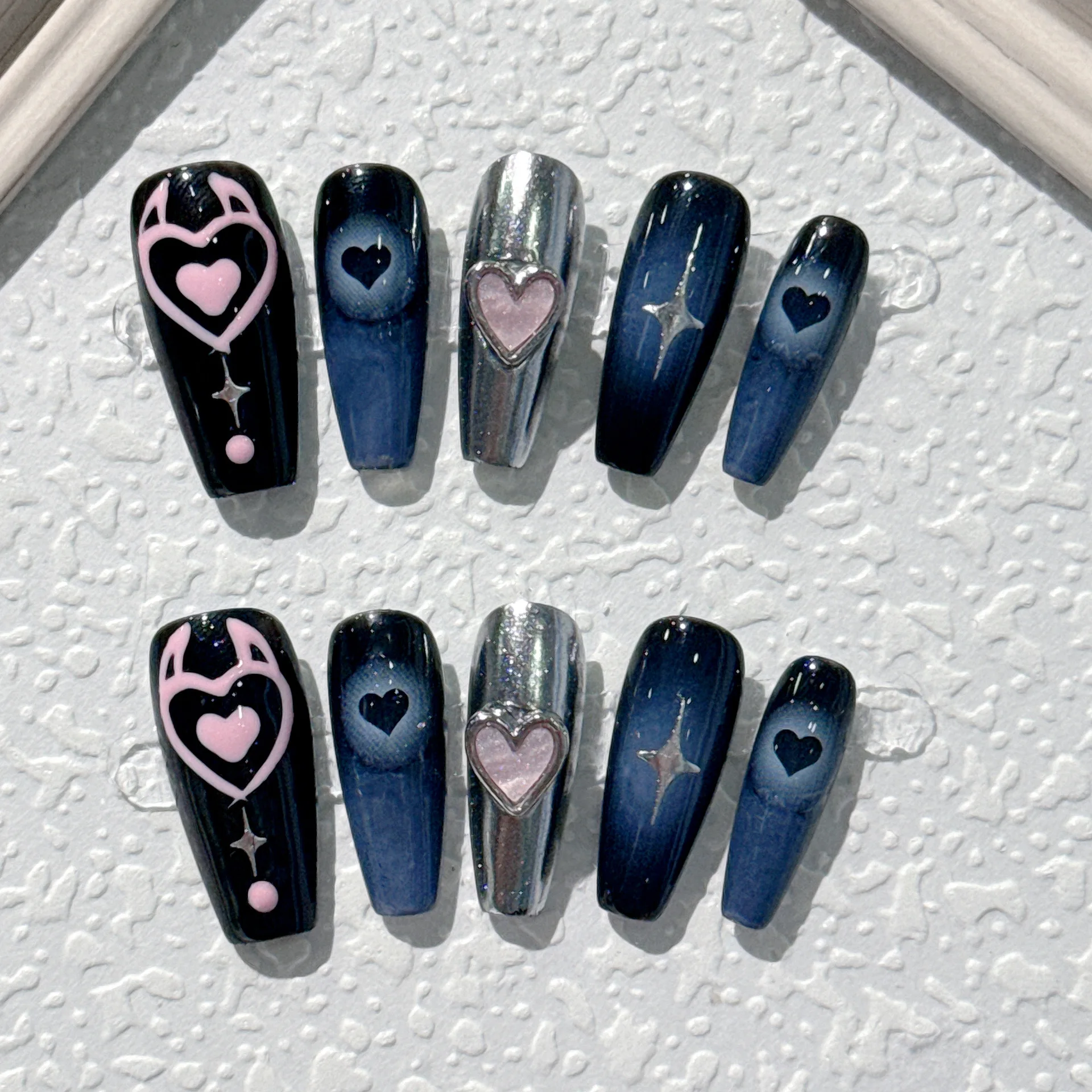 

10Pcs Y2K Handmade Fake Nails Pink Love Heart Star Designs Press on Nails Blue Black Wearable False Nails Tips for Woman Girls