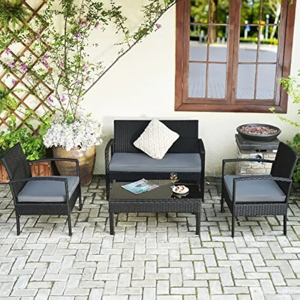 4PCS Patio Rattan Furniture Set, Outdoor Wicker Conversation Set with Tempered Glass Coffee Table, Seat Cushions
