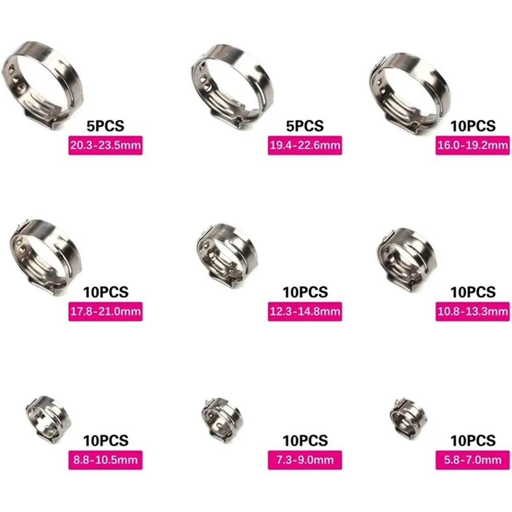 80Pcs 304 Stainless Steel Crimp Hose Clamps Single Ear Hose Clamp Stepless Hose Clamps Cinches Rings + Hose Clip Clamp Pliers