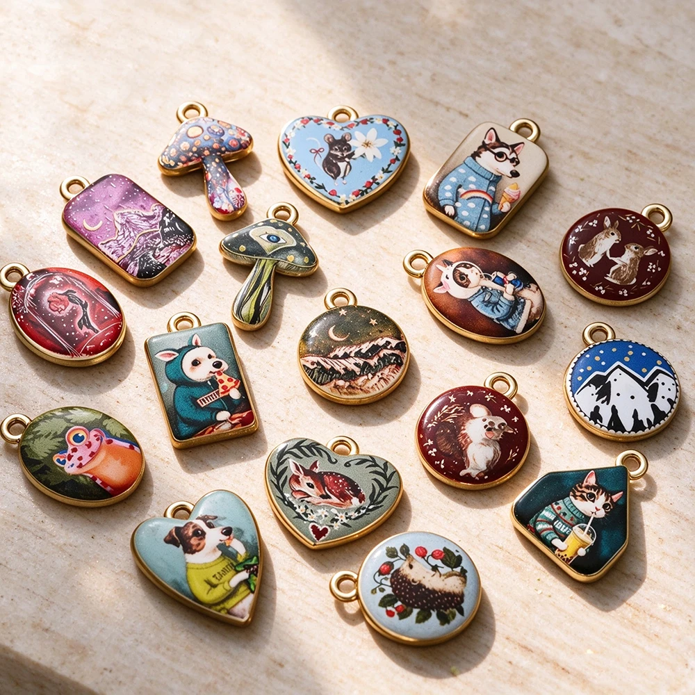 5Pcs Mix Enamel Printed Charms Mushroom Heart Pendant for Jewelry Making Diy Necklace Bracelet Earring Craft Accessories