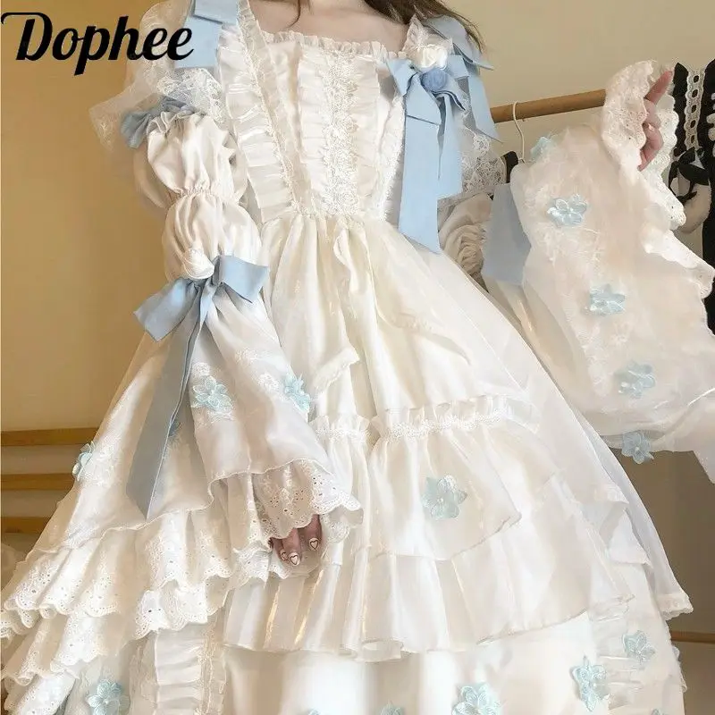 

Dophee Original Lolita Fairy White Long Sleeve Dress Women Cute Bow Lace Splicing Slash Neck A-line Short Dress with Shawl Cape