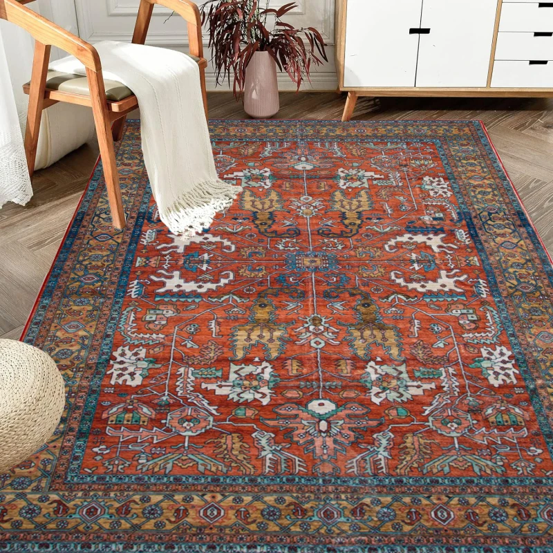 

Коврик 5x7, винтажный нескользящий моющийся коврик в богемном стиле для гостиной, кухни, спальни, гостиной, абстрактный стиль, красный