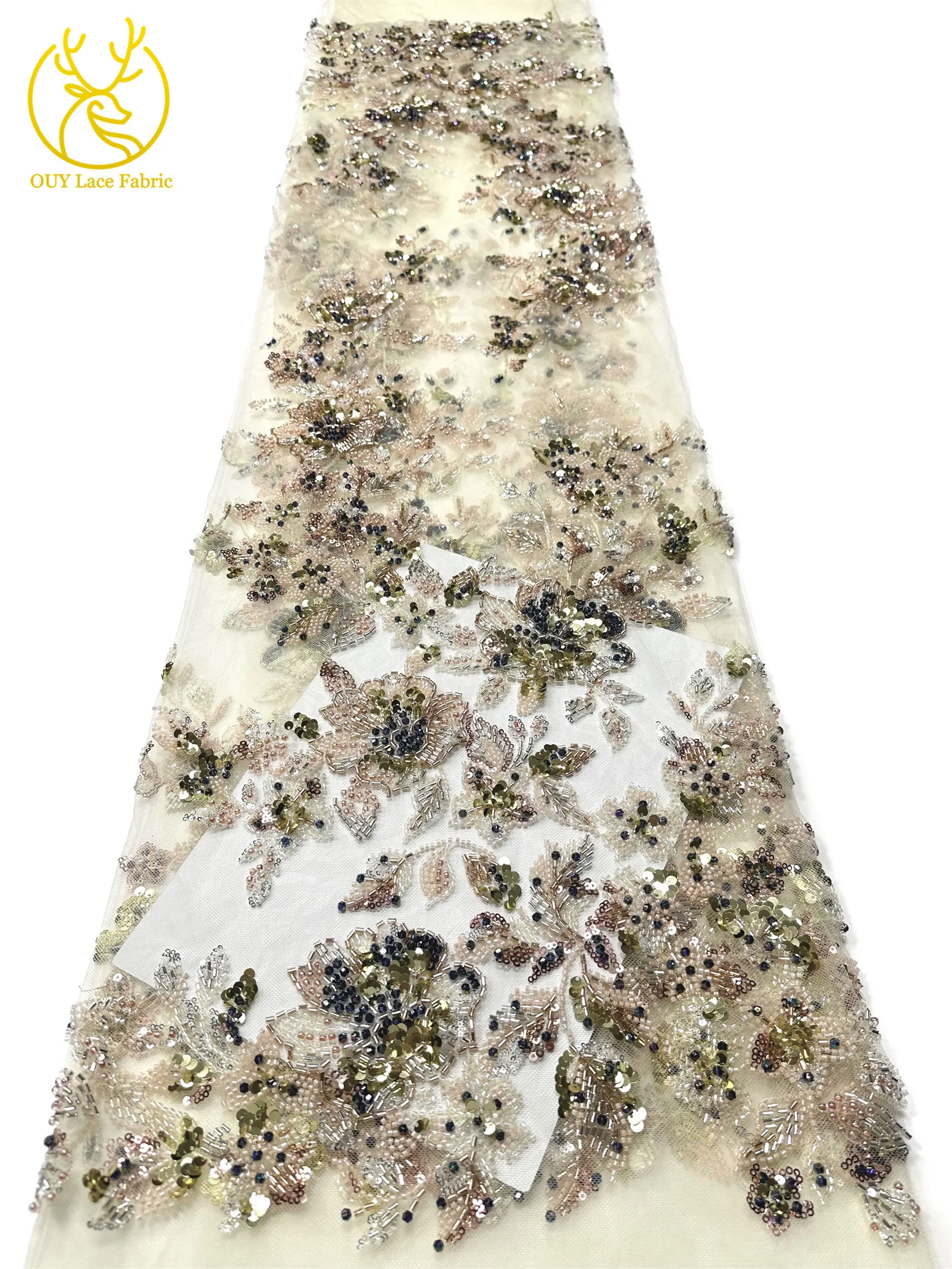 Elegantes neues Design, nigerianischer handgefertigter, stark perlenbesetzter Spitzenstoff, luxuriöse afrikanische französische Pailletten-Spitze für Damen-Partykleider zum Nähen – Detail 15