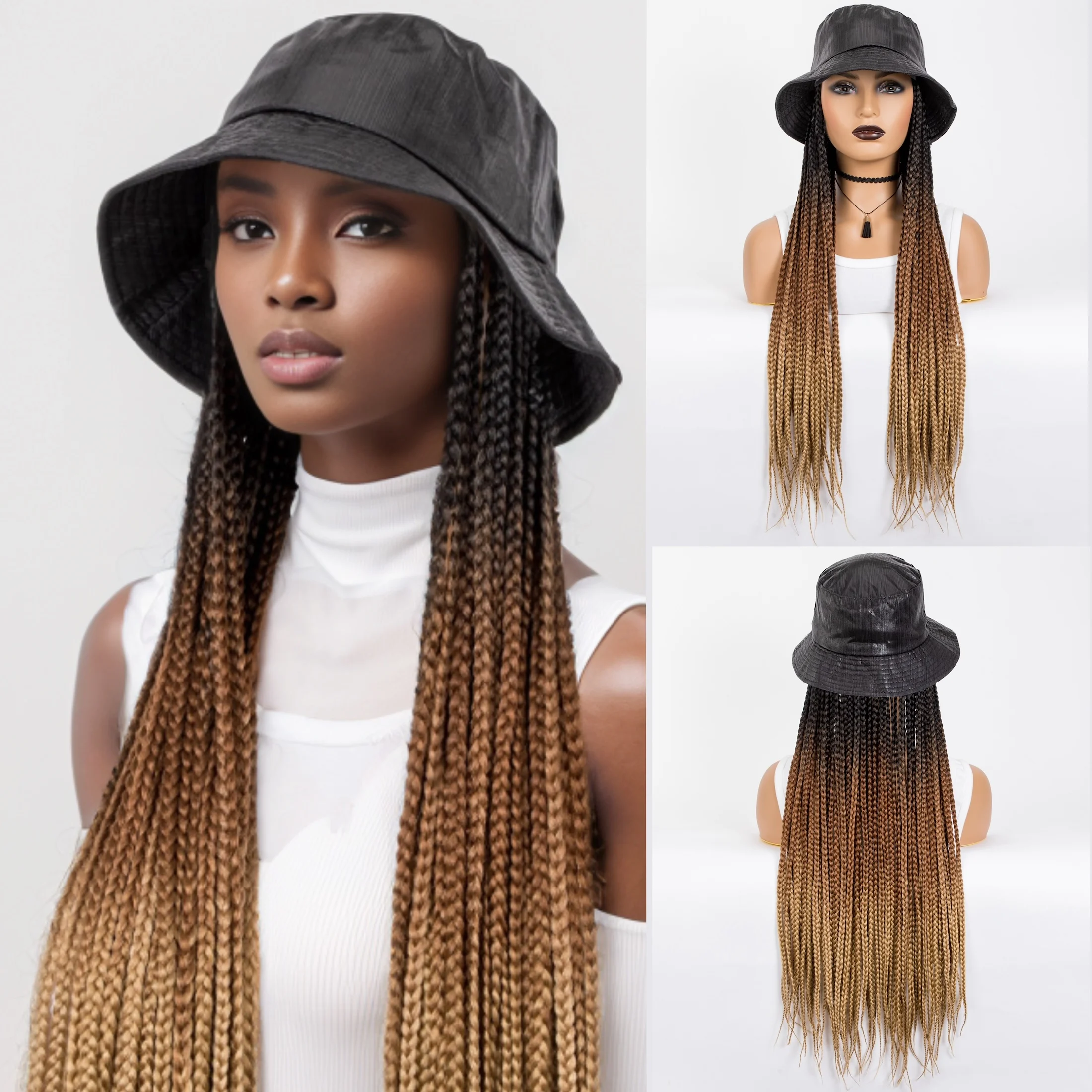 WIGERA Long 24“ Ombre Black Light Brown Box Braided Synthetic With Cap Braiding Braids With Hair Extensions With Bucket Hat Wigs