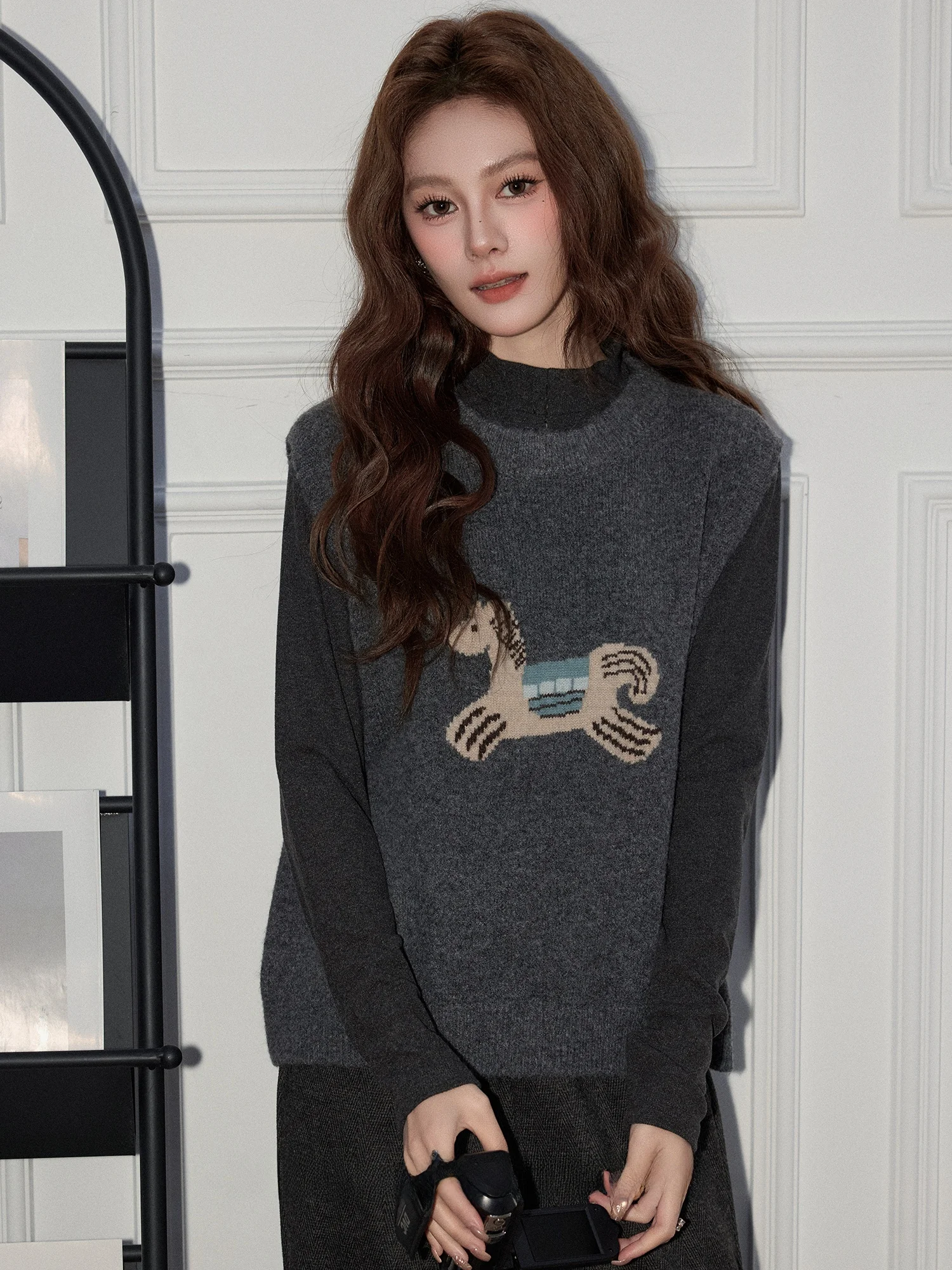 

Autumn Winter Knitted Svel round Ne Vest Princ Sle Warm Ci Commute Faionable Dog Cartoon Design Women's Vest