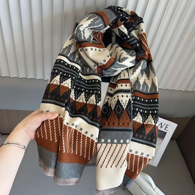 

2024 Women's Autumn Winter Bohemian Long Scarf Thickened Warm Cashmere Shawl Soft Double Sided Scarf With Diamond Pattern