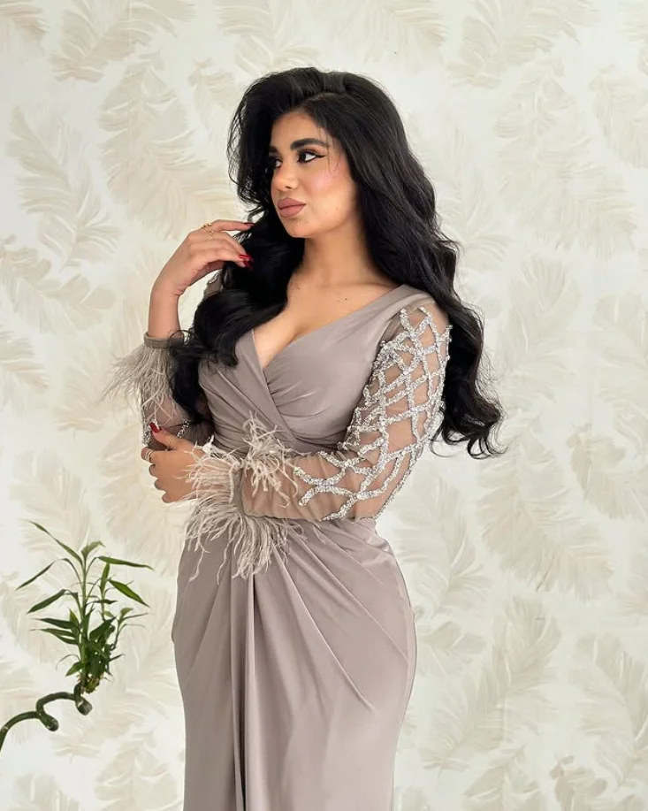 Silver Grey Chiffon Evening Formal Dresses Gillter Lace Long Sleeve Ruched Feather Prom Occasion Gown Cutomsized Outfit