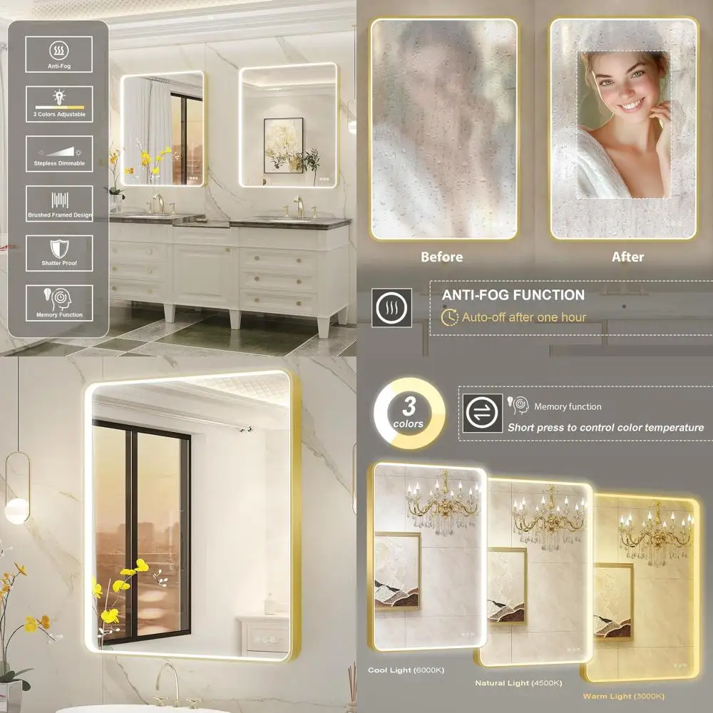 

30x36 Inch Gold LED Vanity Mirror with Anti-Fog, Step Dimmable, Front Lit, Memory Function, Shatter-Proof