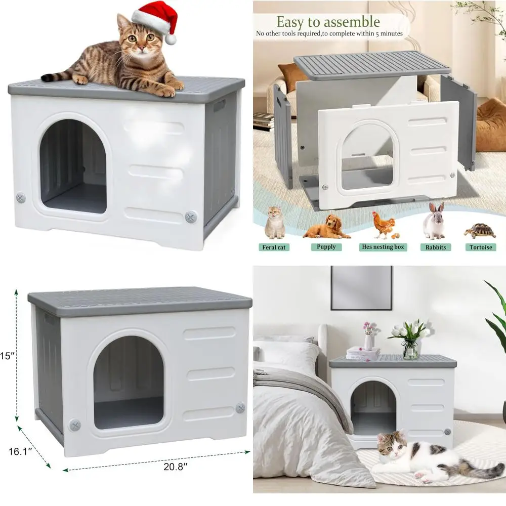 

Durable Outdoor Plastic Cat Shelter, Easy Assembly, Spacious Grey Pet House