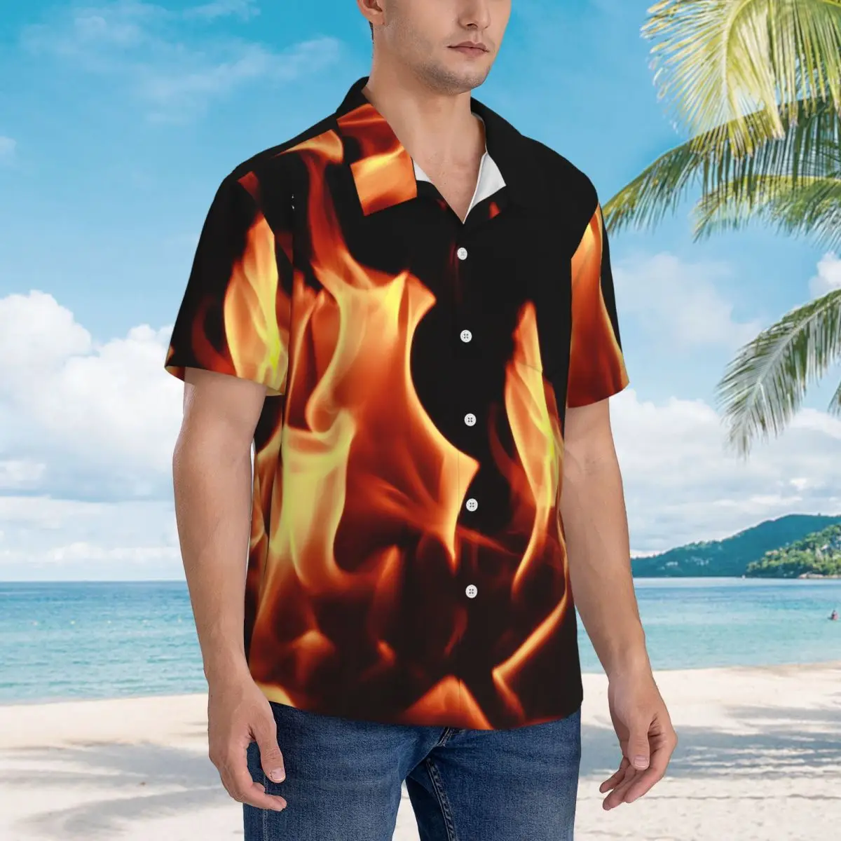 

Burning Fire With Sparks Hawaiian Shirts Casual Men Short Sleeve Shirt for Summer Beach Men's Button Tops