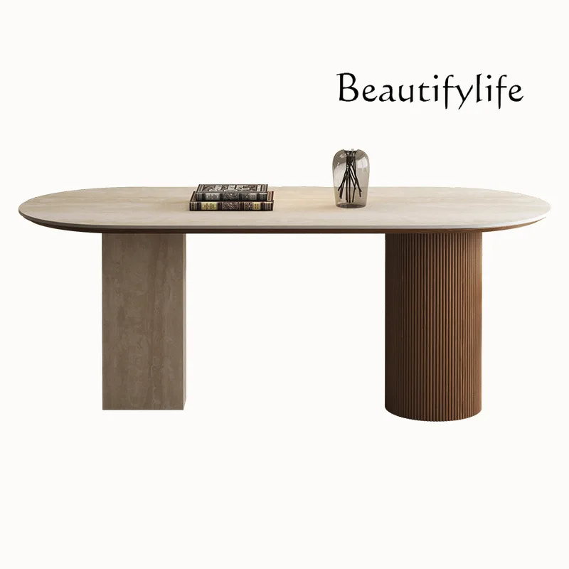 

2025 new French retro solid wood dining table travertine rock slab small apartment creative oval island dining table