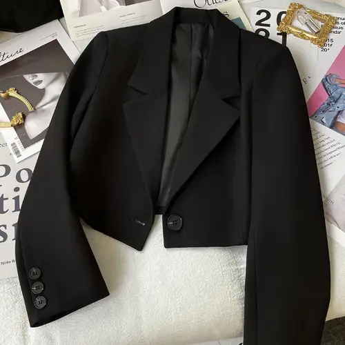 Black Cropped Blazers Woman Trend 2025 New All-match Notched Collar Crop Jacket Women Korean Chic Single Button Suit Coat - Image 4