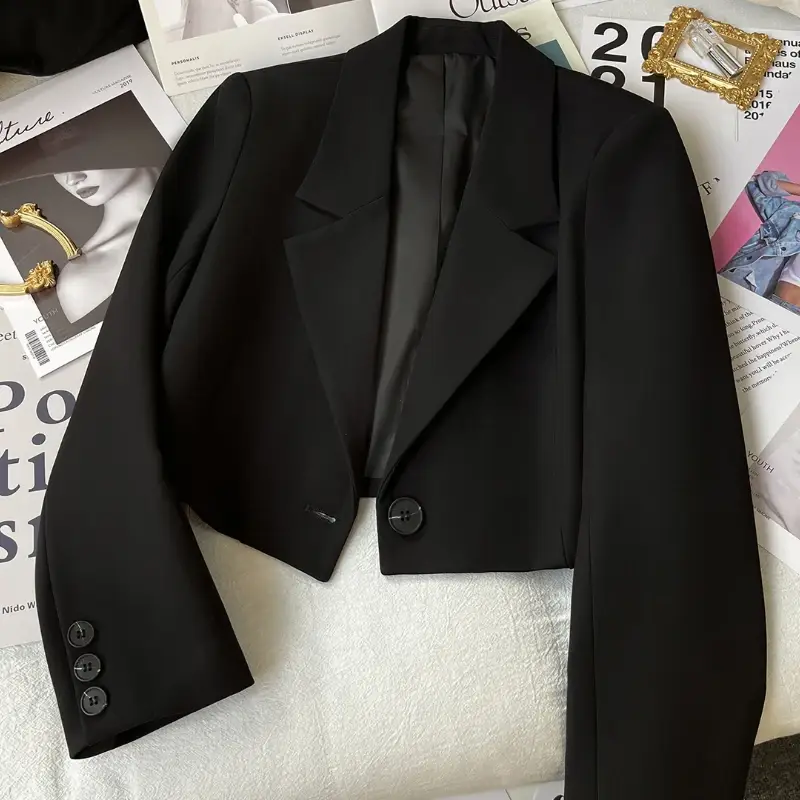 Black Cropped Blazers Woman Trend 2025 New All-match Notched Collar Crop Jacket Women Korean Chic Single Button Suit Coat - Image 4