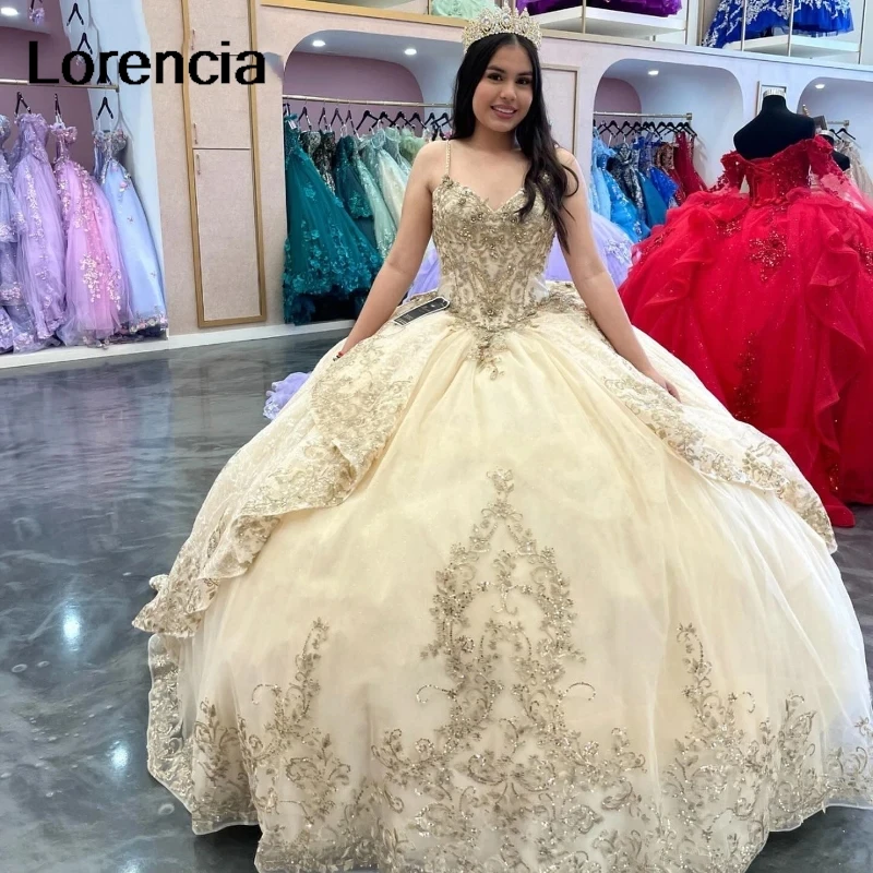 فستان Quinceanera بلون الشمبانيا الخفيف المخصص فستان حفلة ترتر مزين بالدانتيل مطرز بالخرز مشد حلو 16 فيستدوس دي 15 أنيو YQD813