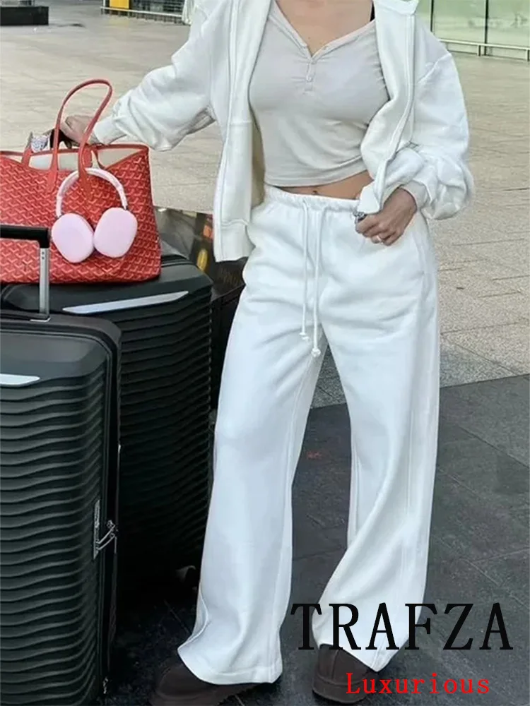 

TRAFZA Vintage Casual Chic Women Beige Solid Suit Zipper Hooded Pockets Loose Long Drawstring Pants New Fashion 2025 Spring Sets