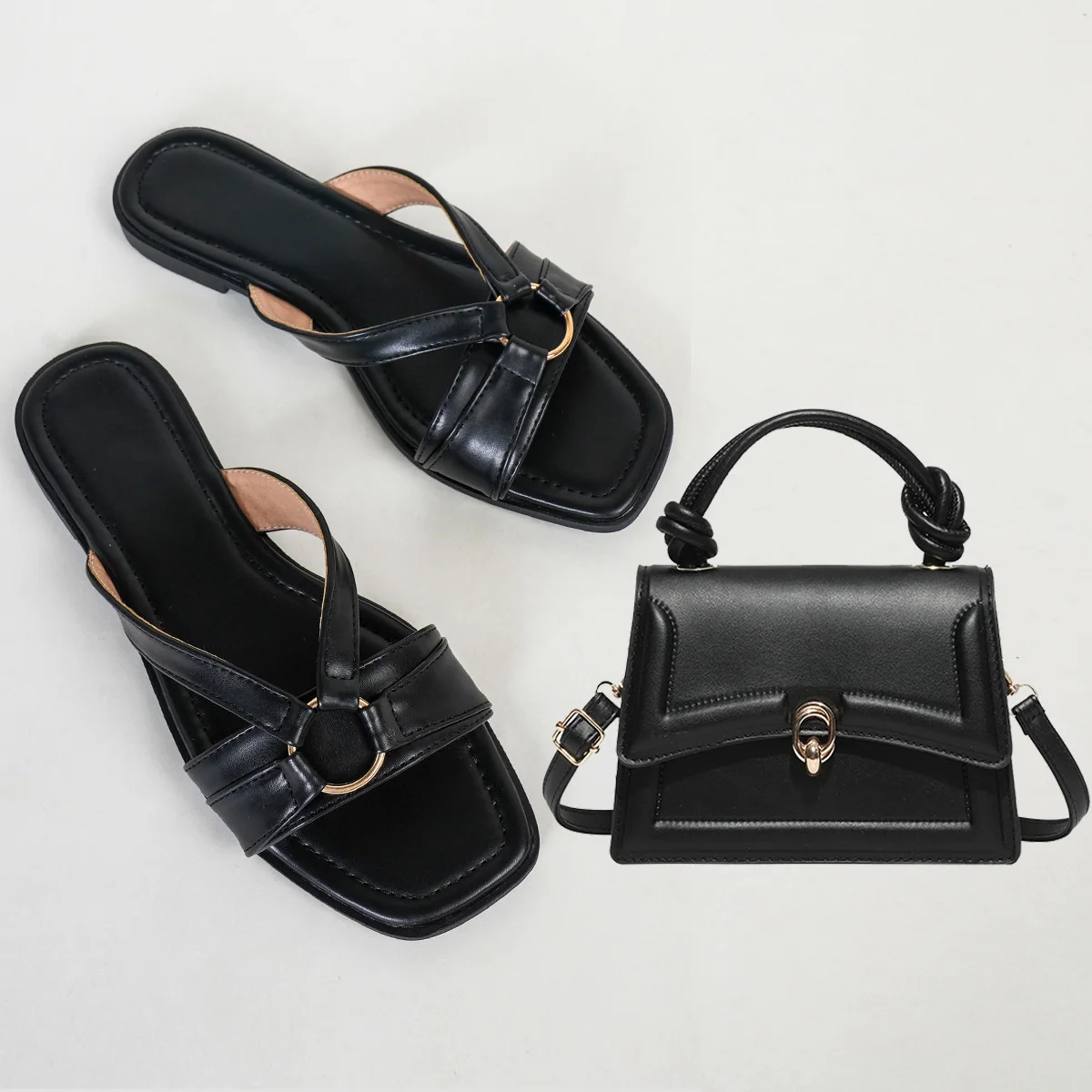 

Women Summer New Hollow Metal Buckle Design Sandals Light Square Flat Slippers with Sandals and Casual Shoulder Messenger Bag.