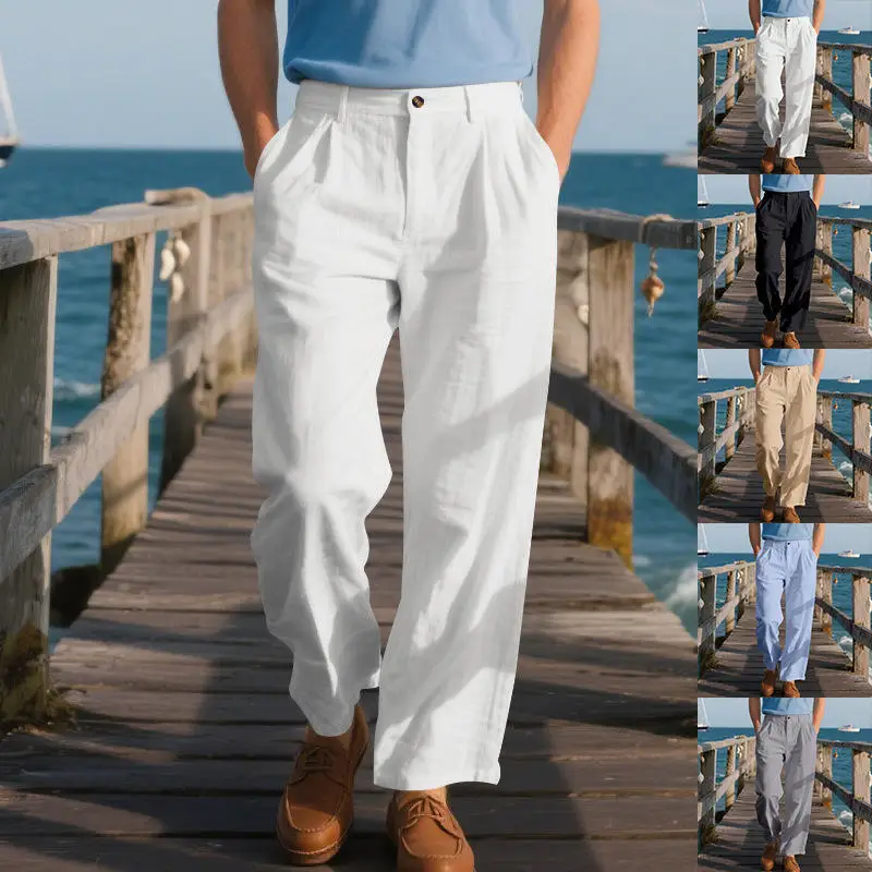 

Мужские повседневные льняные брюки прямого кроя с пуговицами, средней посадкой, нейтральные, на все сезоны, модный стиль