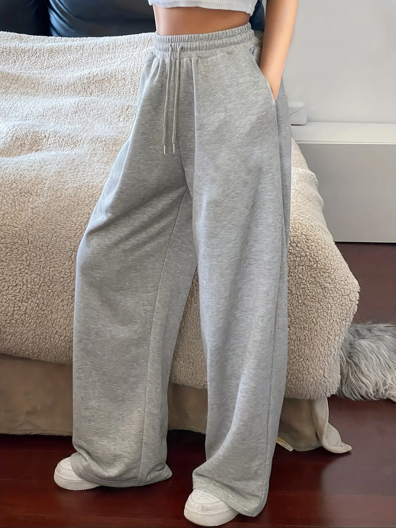 رمادي مستقيم الساق السراويل عارضة مرونة الخصر فضفاضة المرأة واسعة الساق السراويل الرباط Sweatpants الركض الخريف الشتاء للجنسين الرجال