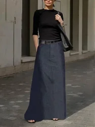 UOOZEE Women's High Waist A-Line Skirts 2024 New Autumn Fashion  Imitation Denim Solid Color Casual Office Long Skirt Bottoms
