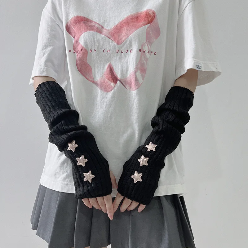 Cute Lolita Star Sleeves Women Fingerless Knitted Warm Gloves Street Sweet Cool Girls Arm Warmers Fashion Woolen Hand Oversleeve