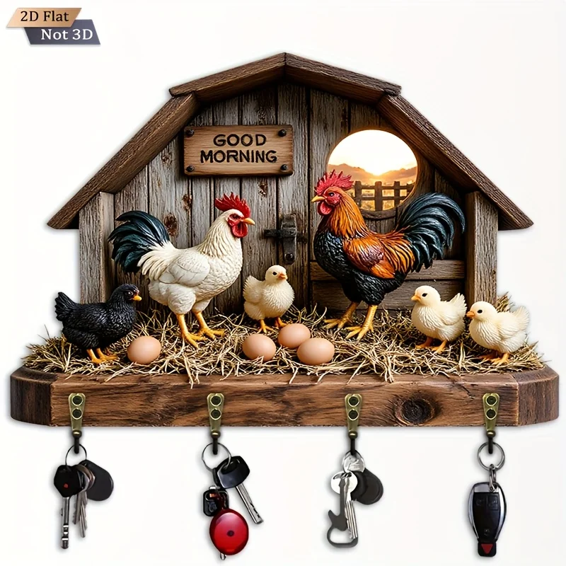 2D Plane. 1pc. Wooden Chicken Coop-shaped Key Hook - Wooden Multi-functional Decorative Key Holder with Four Metal Hooks, Wall