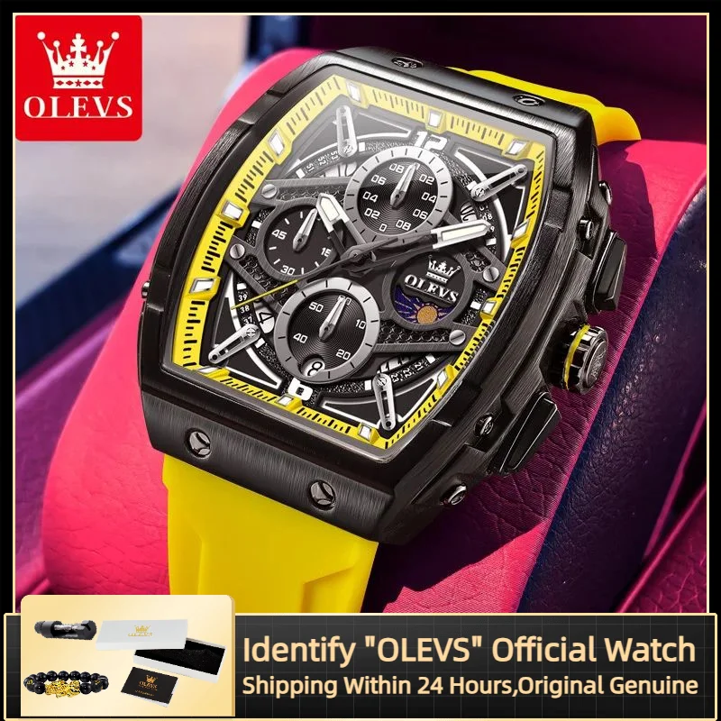

OLEVS лучший бренд часы мужские желтый силиконовый ремешок скелетонизированный циферблат многофункциональный календарь фаз Луны мужские наручные часы НОВЫЙ No 2975