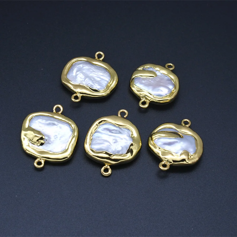 

24K Gold Plating Natural Freshwater Pearl Rectangle Shape Double Circle Connectors Pendant For Necklace Making