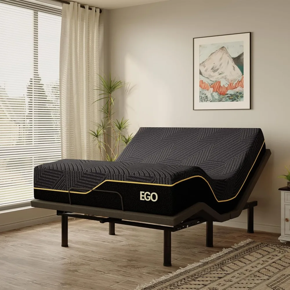 

Large Adjustable Bedstead and 14 Inch Memory Foam Mattress, Independent Head and Foot Tilt Powerfold